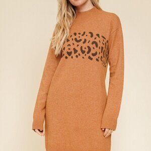 HEM & THREAD Rust Leopard Print Sweater Dress Cozy Knit Long Sleeve Fall Winter
